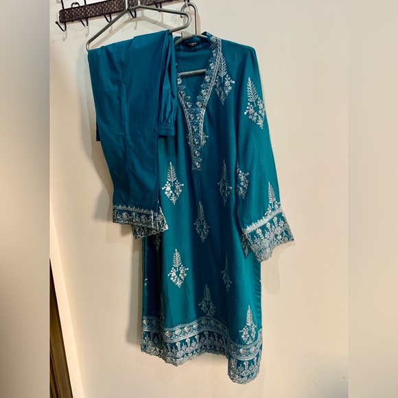 M. BASICS By MARIA. B. Elegant Teal Embroidered Suit - Picture 10 of 16